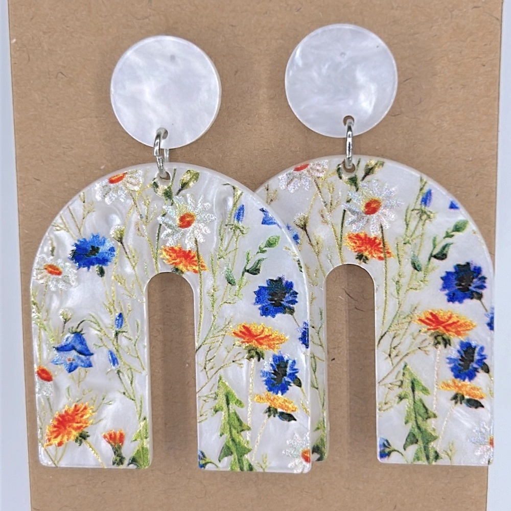 Acrylic U Shape floral Print Dangle Earrings Elegant Style Fashion Jewelry - Picture 4 of 4